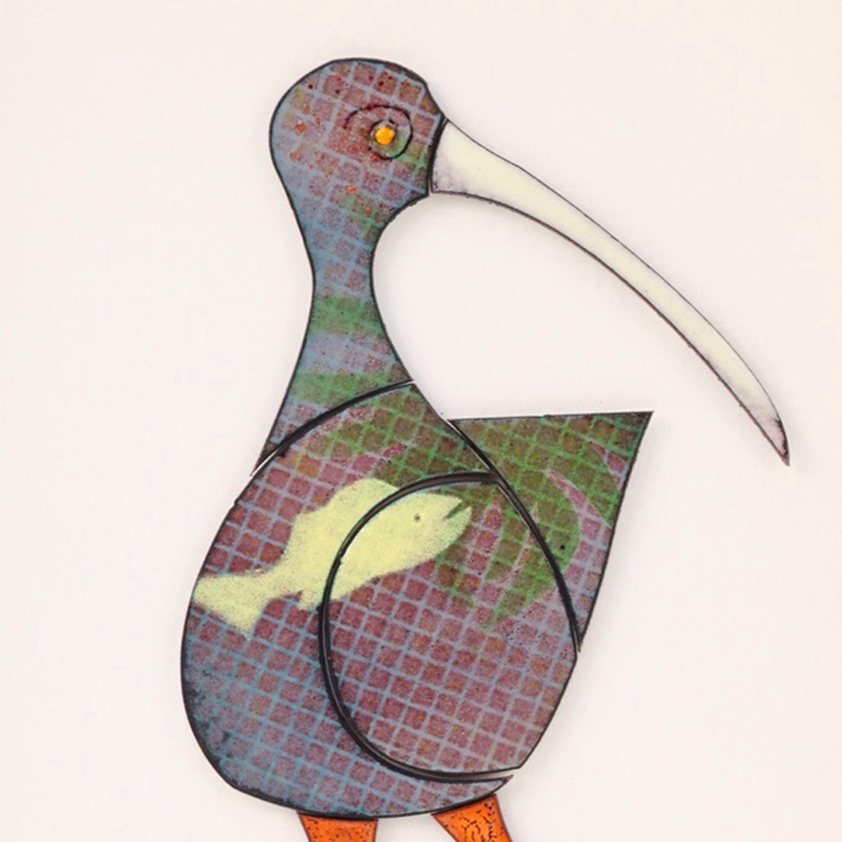 'Curlew'. Enamel and Copper framed wallhanging.  Copyright Saba Jewellery